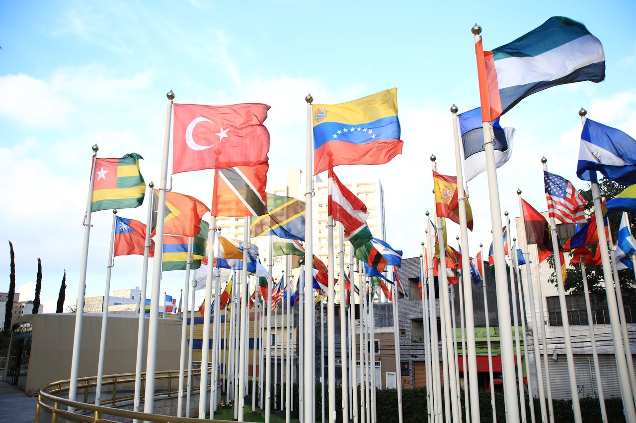 gallery-1 A vibrant collection of international flags in a cityscape setting, symbolizing global unity.